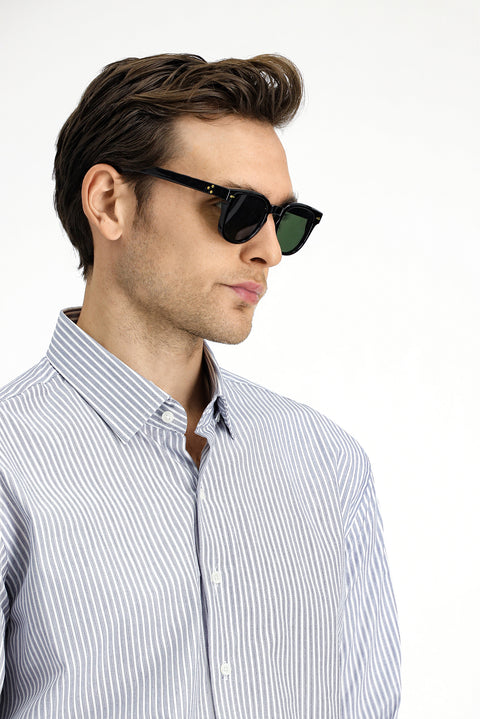 Medium Navy Long Sleeve Classic Striped Cotton Shirt