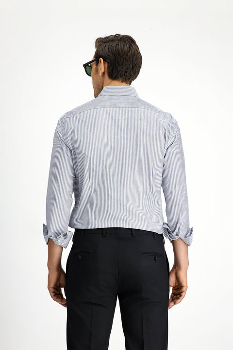 Medium Navy Long Sleeve Classic Striped Cotton Shirt