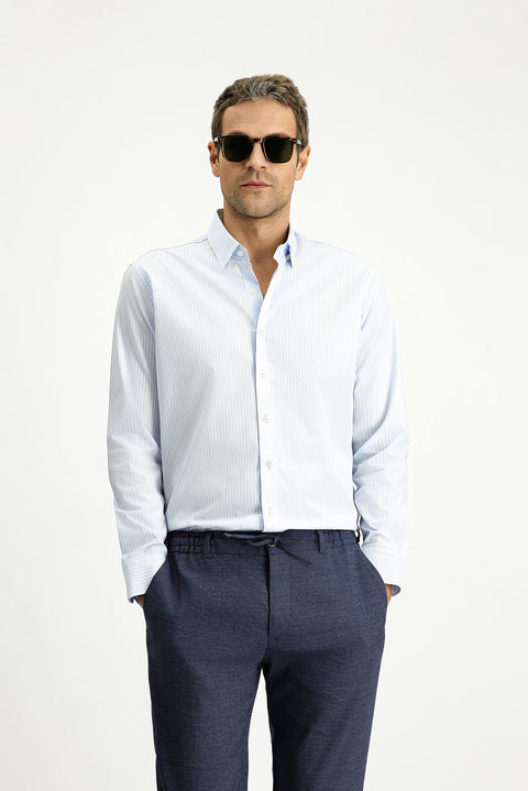 Light Blue Long Sleeve Classic Striped Cotton Shirt
