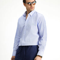 Dark Blue Long-Sleeve Classic Striped Cotton Shirt