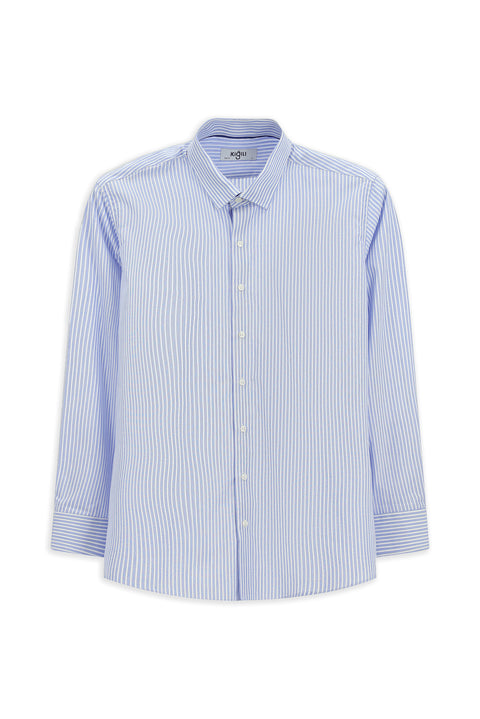 Dark Blue Long-Sleeve Classic Striped Cotton Shirt