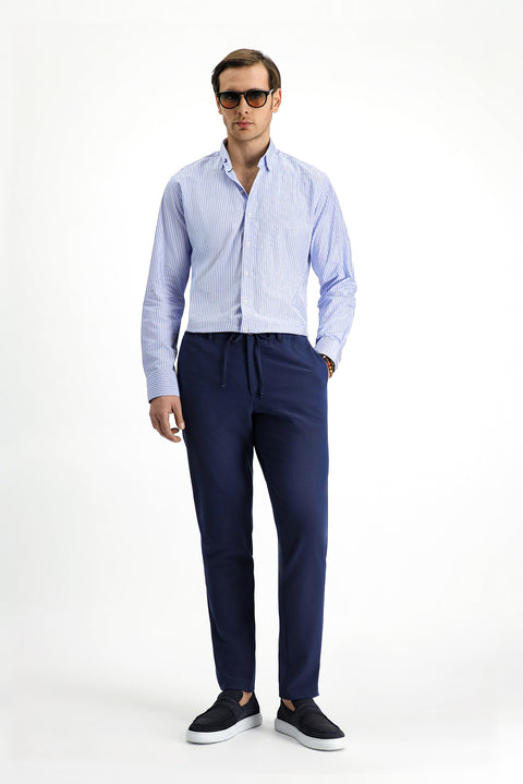 Dark Blue Long-Sleeve Classic Striped Cotton Shirt