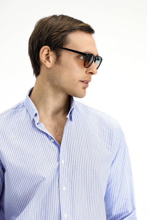 Dark Blue Long-Sleeve Classic Striped Cotton Shirt