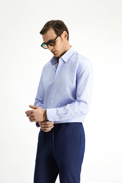 Dark Blue Long-Sleeve Classic Striped Cotton Shirt