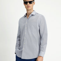 Dark Navy Long-Sleeve Cotton Shirt with Crotch Stripe