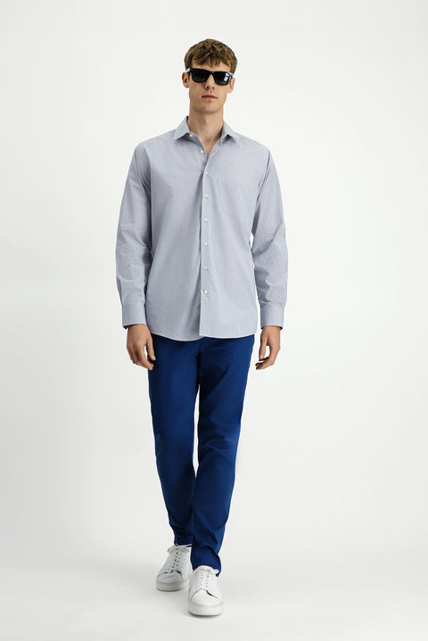 Dark Navy Long-Sleeve Cotton Shirt with Crotch Stripe