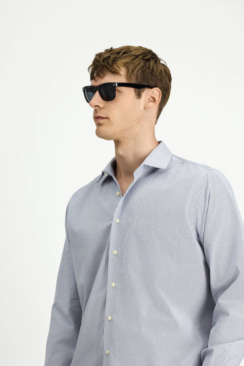Dark Navy Long-Sleeve Cotton Shirt with Crotch Stripe