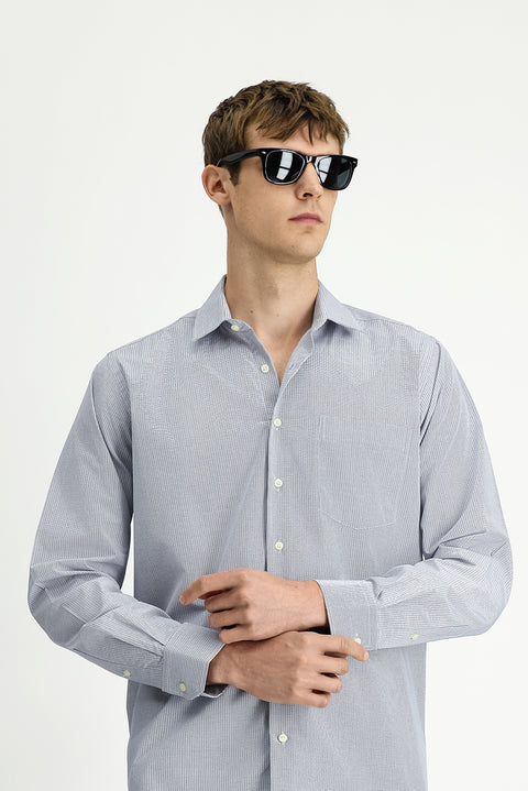 Dark Navy Long-Sleeve Cotton Shirt with Crotch Stripe