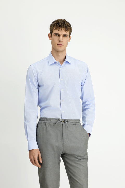 Light Blue Long Sleeve Crotch Striped Cotton Shirt