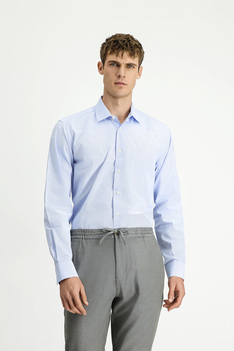 Light Blue Long Sleeve Crotch Striped Cotton Shirt