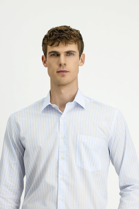 Light Blue Long Sleeve Crotch Striped Cotton Shirt