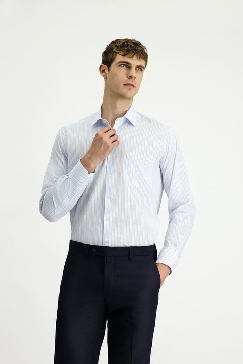 Light Blue Long Sleeve Crotch Striped Cotton Shirt