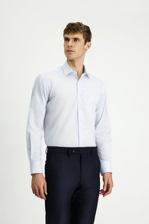 Light Blue Long Sleeve Crotch Striped Cotton Shirt