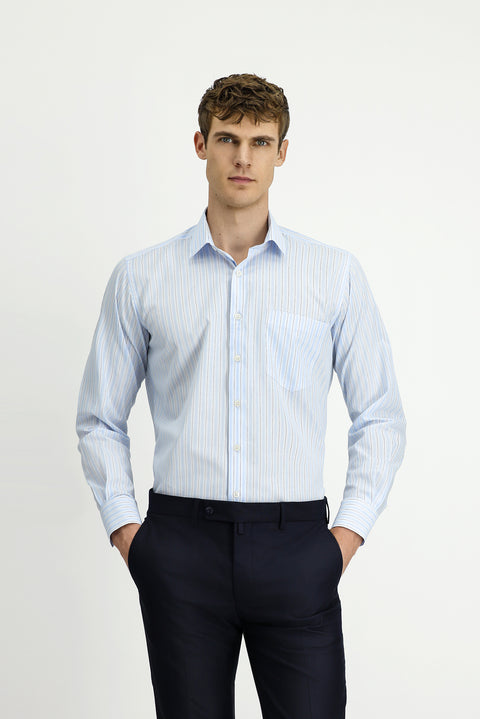 Light Blue Long Sleeve Crotch Striped Cotton Shirt