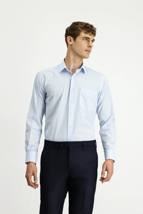 Light Blue Long Sleeve Crotch Striped Cotton Shirt