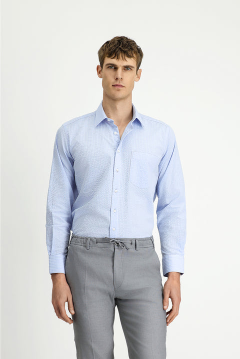 Light Blue Long Sleeve Regular Fit Cotton Striped Waffle Shirt
