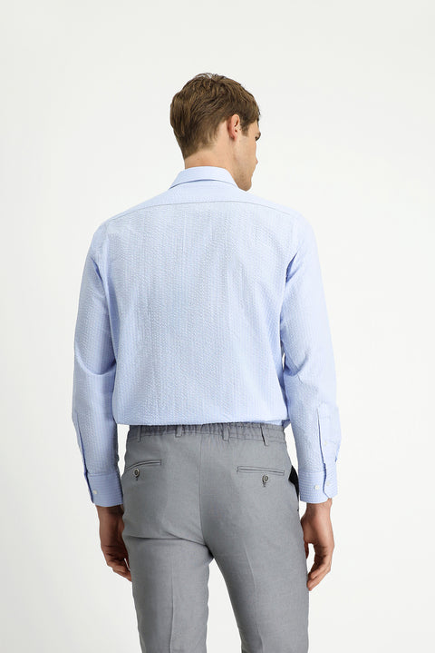 Light Blue Long Sleeve Regular Fit Cotton Striped Waffle Shirt
