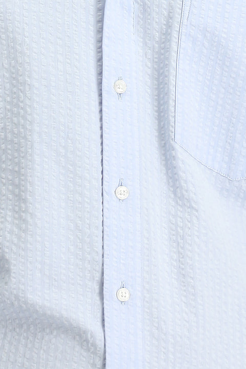 Light Blue Long Sleeve Regular Fit Cotton Striped Waffle Shirt
