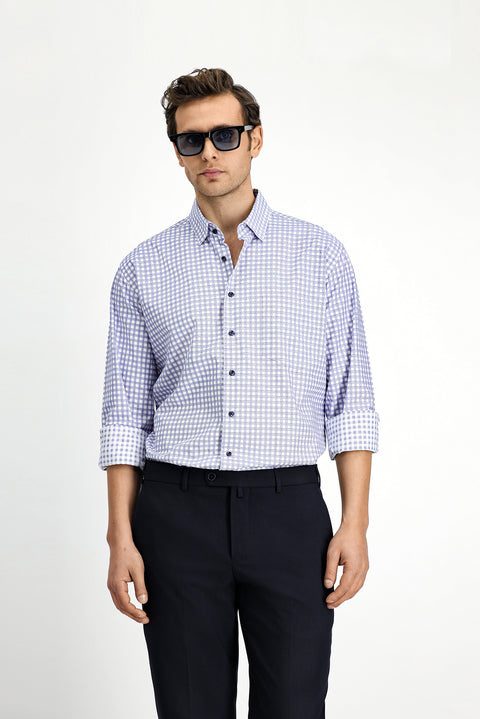 Medium Navy Long Sleeve Regular Fit Cotton Plaid Shirt