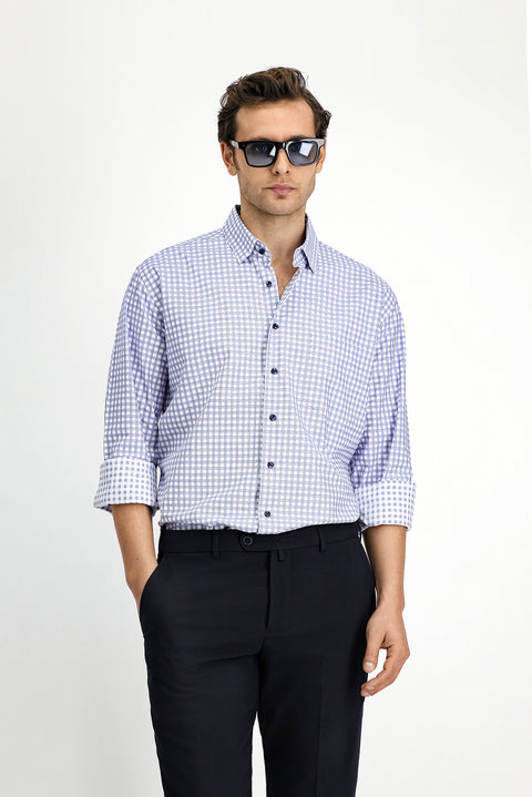 Medium Navy Long Sleeve Regular Fit Cotton Plaid Shirt