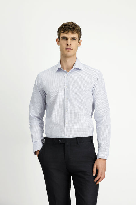 White Long-Sleeve Classic Plaid Cotton Shirt