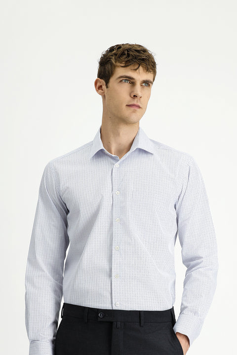 White Long-Sleeve Classic Plaid Cotton Shirt