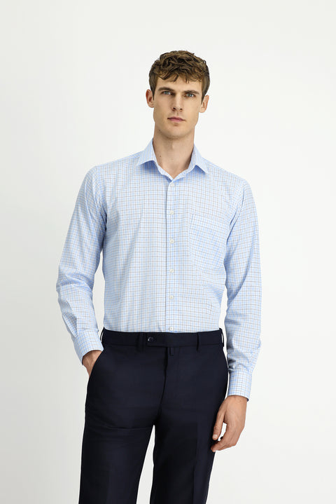 Light Blue Long Sleeve Regular Fit Cotton Plaid Shirt