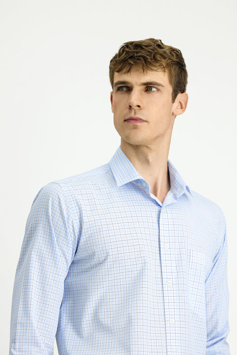 Light Blue Long Sleeve Regular Fit Cotton Plaid Shirt