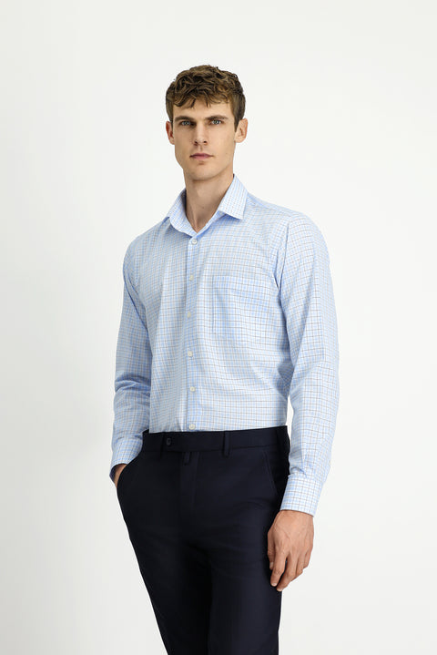 Light Blue Long Sleeve Regular Fit Cotton Plaid Shirt