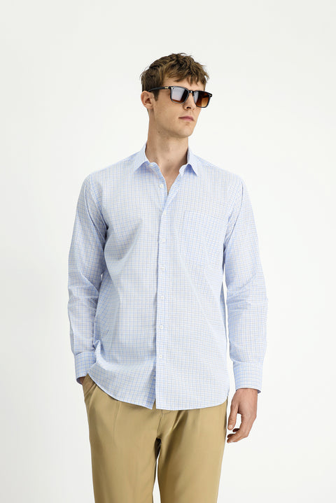 Light Blue Long Sleeve Regular Fit Cotton Plaid Shirt