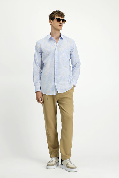 Light Blue Long Sleeve Regular Fit Cotton Plaid Shirt