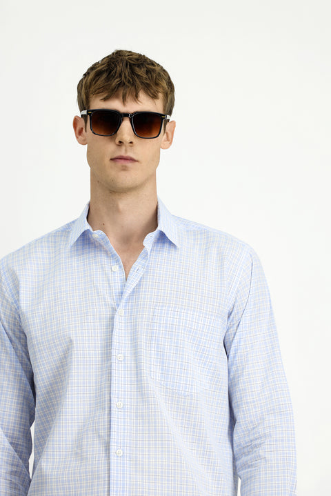 Light Blue Long Sleeve Regular Fit Cotton Plaid Shirt