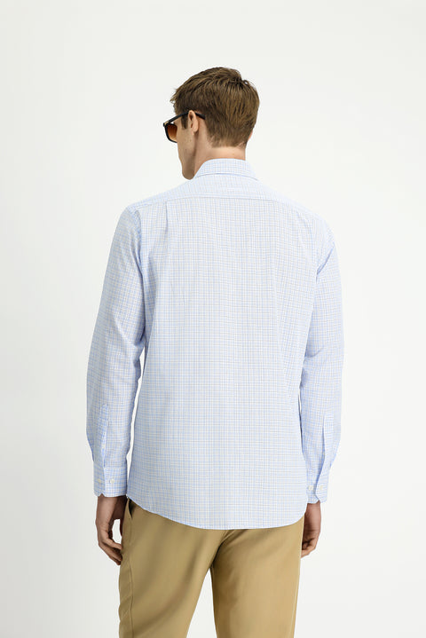 Light Blue Long Sleeve Regular Fit Cotton Plaid Shirt
