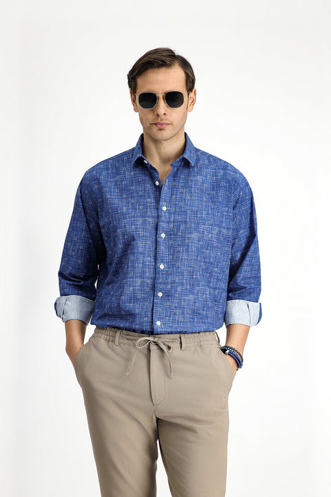 Medium Navy Long Sleeve Regular Fit Printed Cotton Sports Shirt