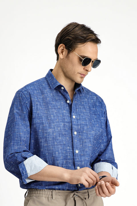 Medium Navy Long Sleeve Regular Fit Printed Cotton Sports Shirt