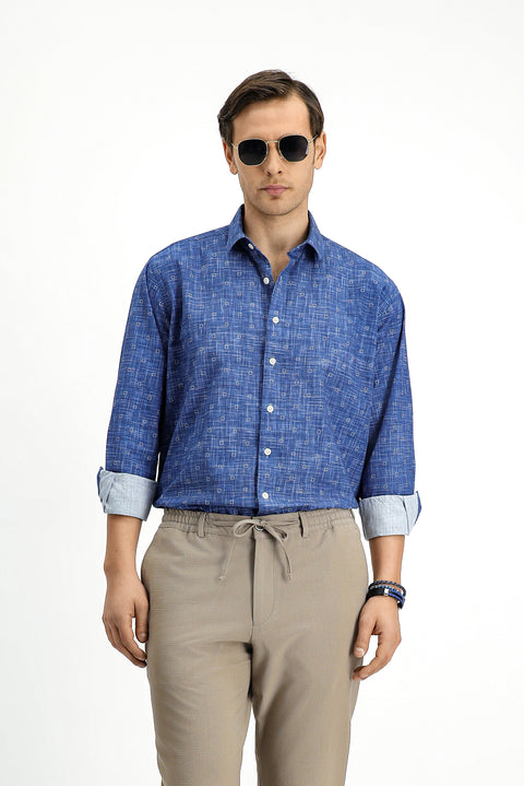 Medium Navy Long Sleeve Regular Fit Printed Cotton Sports Shirt
