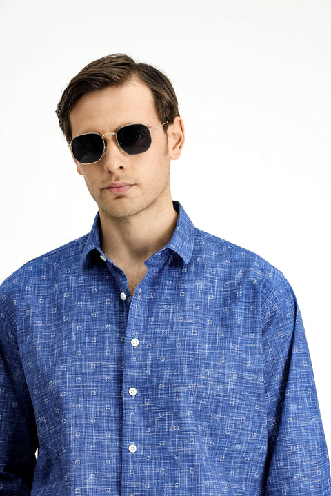 Medium Navy Long Sleeve Regular Fit Printed Cotton Sports Shirt