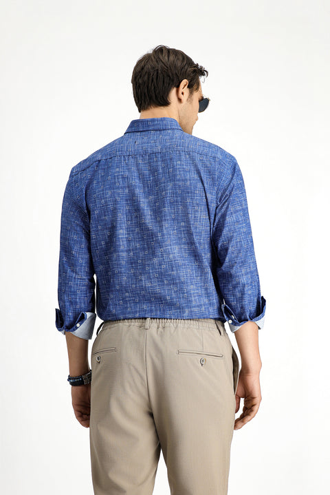 Medium Navy Long Sleeve Regular Fit Printed Cotton Sports Shirt