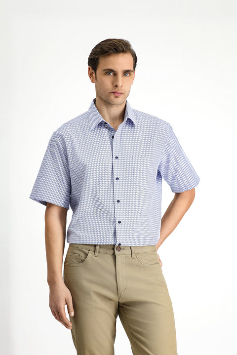 Medium Navy Short Sleeve Regular Fit Patterned Cotton Shirt