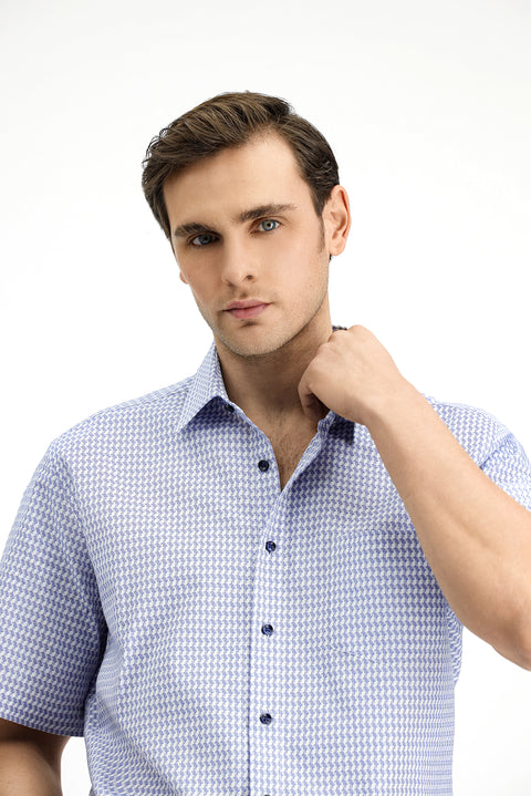 Medium Navy Short Sleeve Regular Fit Patterned Cotton Shirt