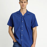 Indigo Short Sleeve Regular Fit Patterned Cotton Shirt