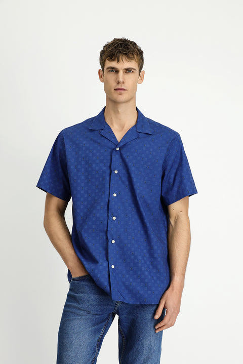 Indigo Short Sleeve Regular Fit Patterned Cotton Shirt