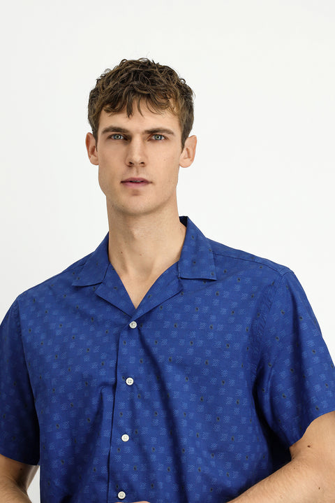 Indigo Short Sleeve Regular Fit Patterned Cotton Shirt