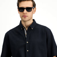 Black Short Sleeve Regular Fit Button-Down Collar Linen-Look Cotton Sport Shirt