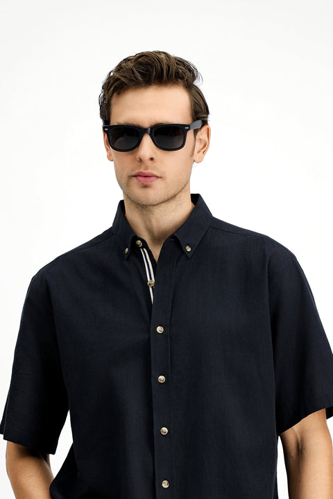 Black Short Sleeve Regular Fit Button-Down Collar Linen-Look Cotton Sport Shirt