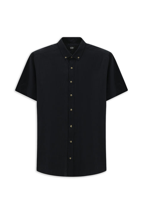 Black Short Sleeve Regular Fit Button-Down Collar Linen-Look Cotton Sport Shirt