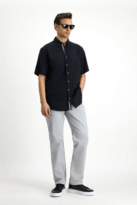 Black Short Sleeve Regular Fit Button-Down Collar Linen-Look Cotton Sport Shirt