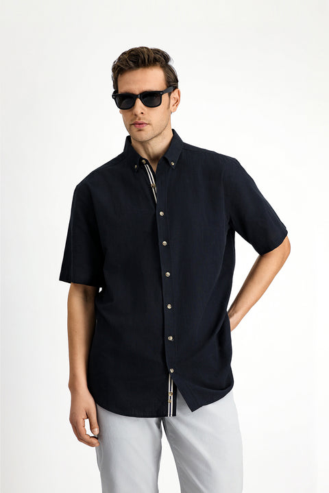Black Short Sleeve Regular Fit Button-Down Collar Linen-Look Cotton Sport Shirt