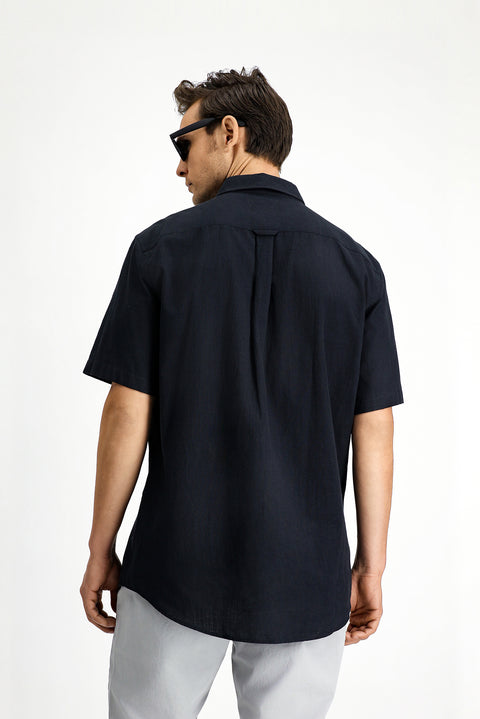 Black Short Sleeve Regular Fit Button-Down Collar Linen-Look Cotton Sport Shirt