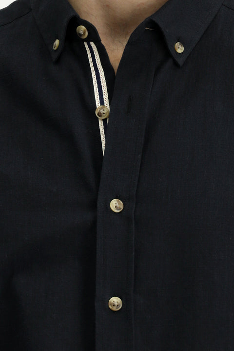 Black Short Sleeve Regular Fit Button-Down Collar Linen-Look Cotton Sport Shirt